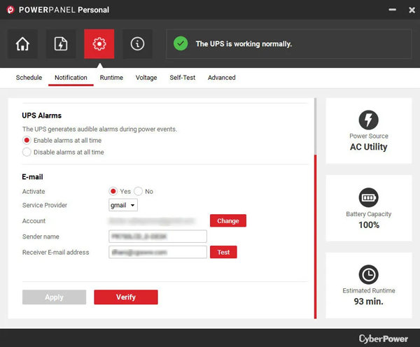PowerPanel Personal software configure email notification screen